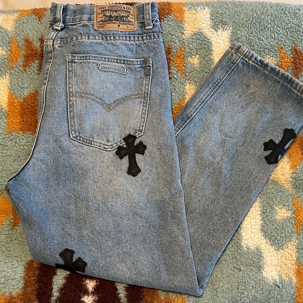 Levi's Men's Straight Jeans with Black Cross Patches - Light Blue Denim